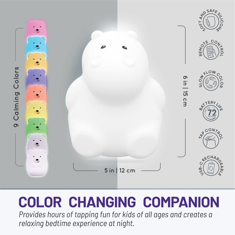 LumiPets Honey the Hippo Silicone Night Light for Kids | Squishy Lamp with Tap & Remote Control | Rechargeable, 9 Color Changing Animal Night Light for Boys & Girls | Portable Nightlight With USB Cord - Image 4